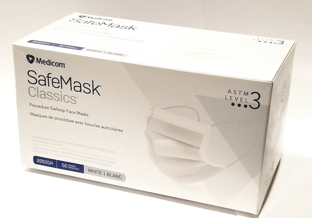 Level 3 Face Mask, Earloop ASTM, White 50/box - Medicom