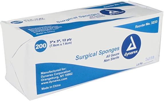 Surgical Gauze Sponge 3x3 12 ply 200 Count - Dynarex