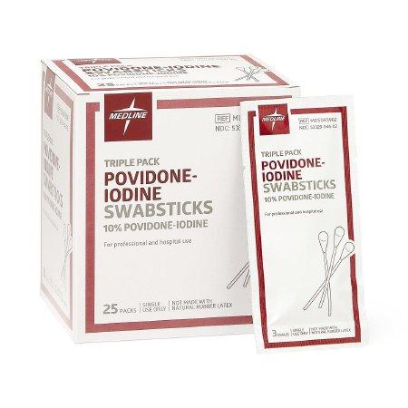 Impregnated Swabstick 10% Povidone-Iodine, Individual Packet, NS, 3Pk 25/box - Medline